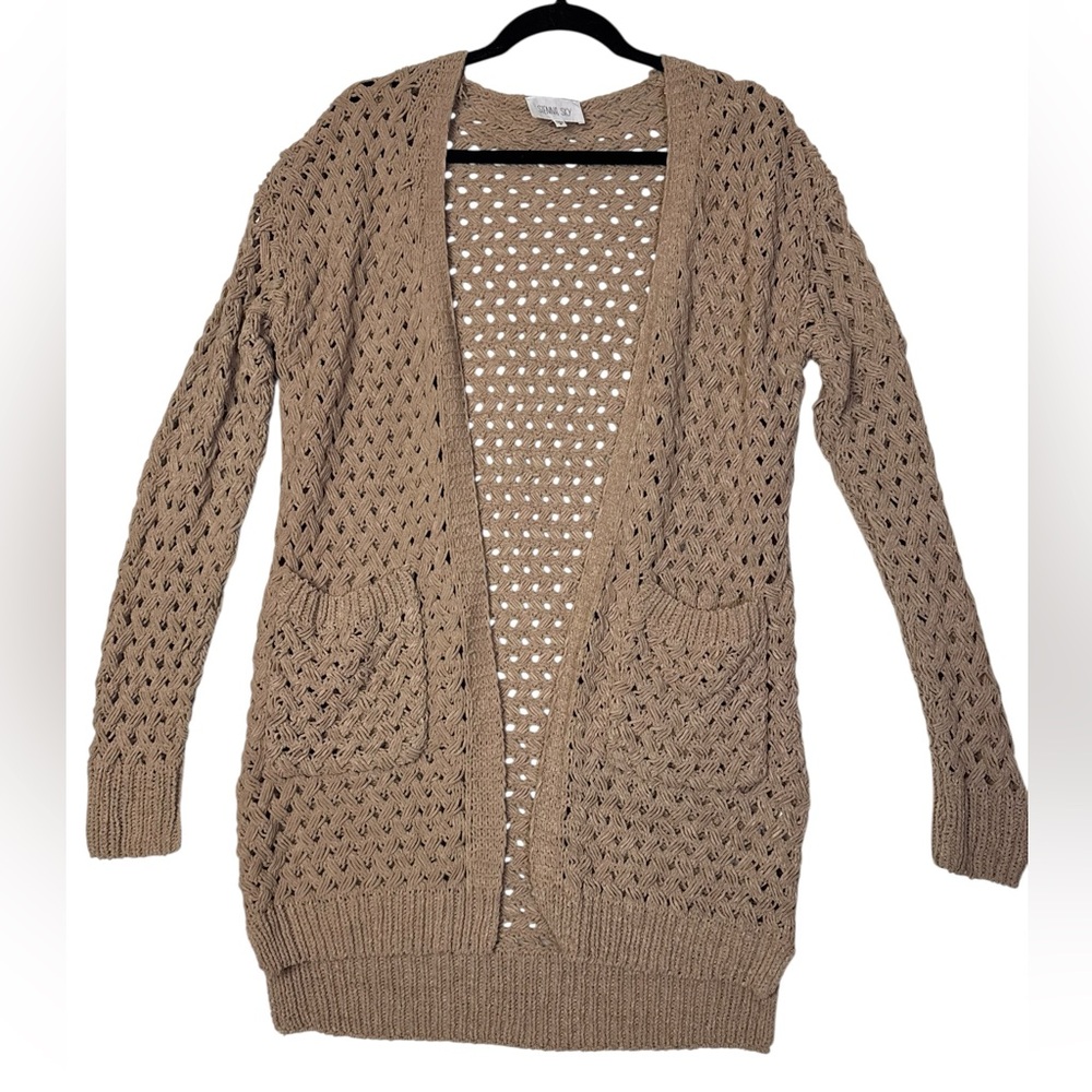 Sienna‎ Sky Open Knit Cardigan Sweater Medium Beige Tan Pockets
